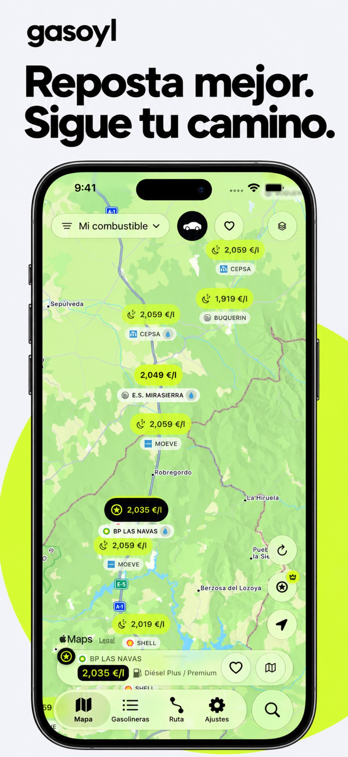 Mapa de Gasoyl con precios, filtros y la gasolinera recomendada. Captura ilustrativa.